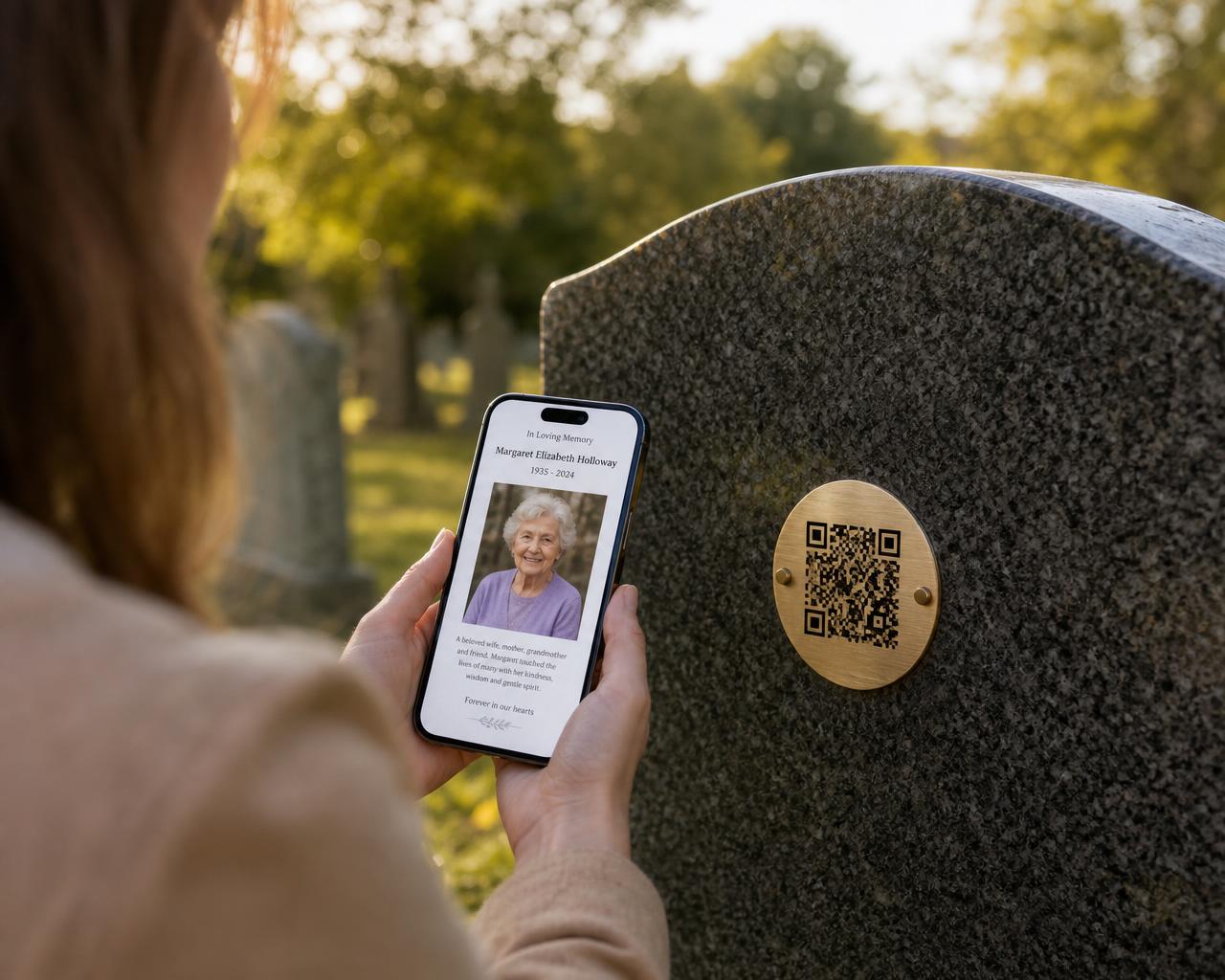 A woman scanning the circular Their Story QR plaque on a granite headstone with her phone, opening the memorial