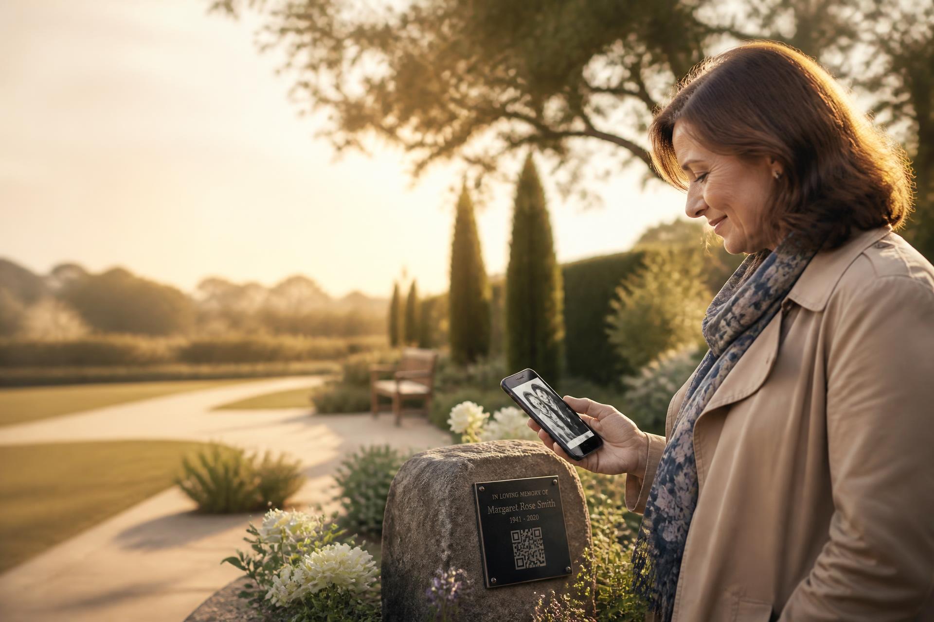 A woman smiling as she scans a QR memorial plaque and sees family photographs on her phone