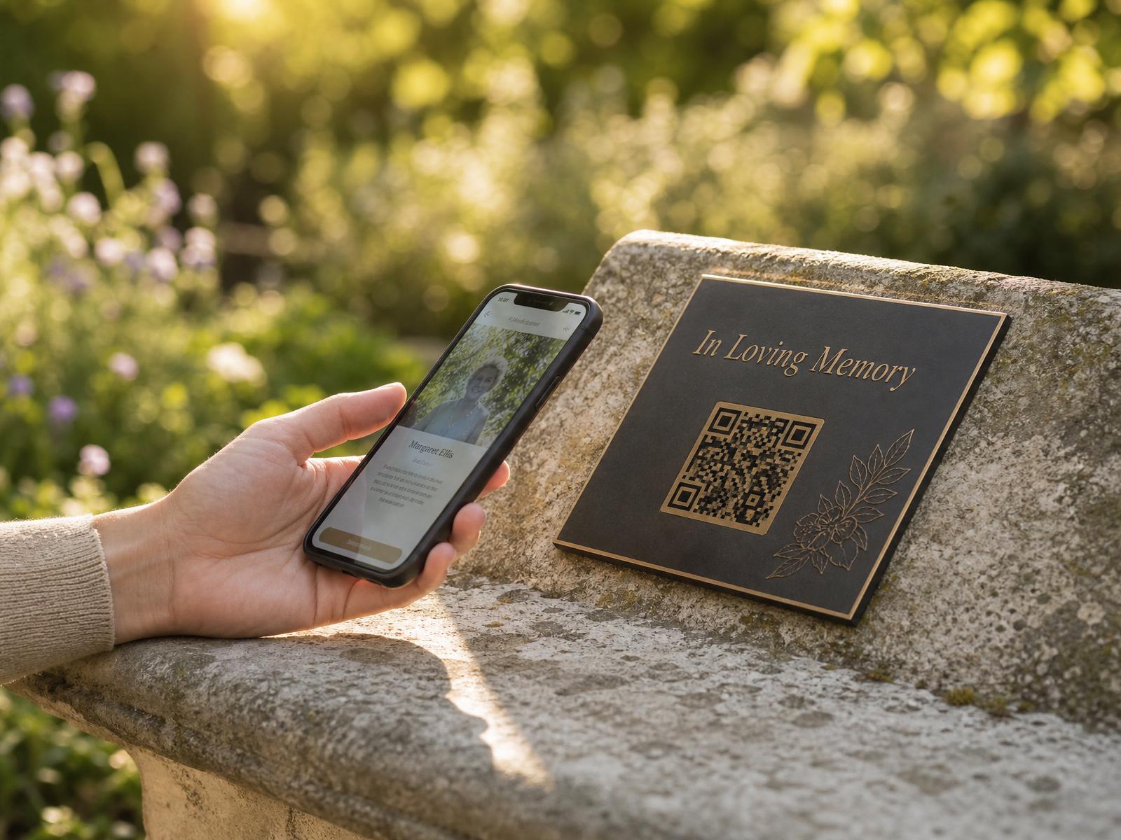 A hand holding a smartphone scanning a bronze Their Story memorial QR plaque on a stone bench in a sunlit English garden